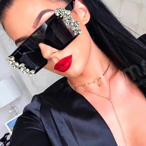 Accessories - Black Oversized Square Flat Top Rhinestone…